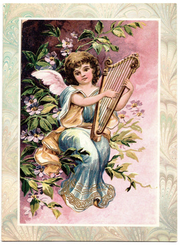Angel Sits on Branch with Old Style Harp Lyre Vintage Art Greeting Card