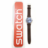 SWATCH Brown Leather Blue & Clear Face Numbers Date Unisex Hand Watch