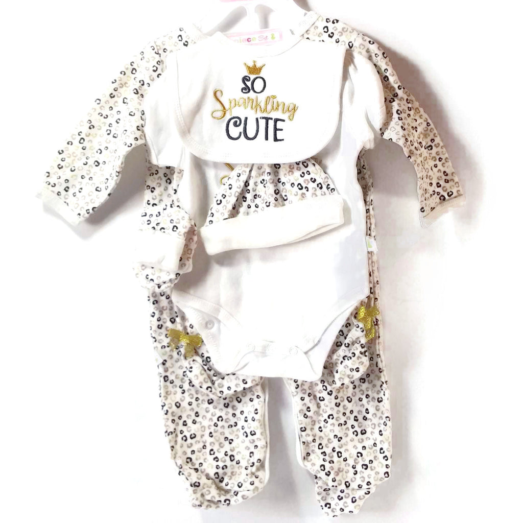 Baby Girl Long Sleeves Outfit 7 Pc. Tight-Fit Footie White & Sparkling Gold 3-6M