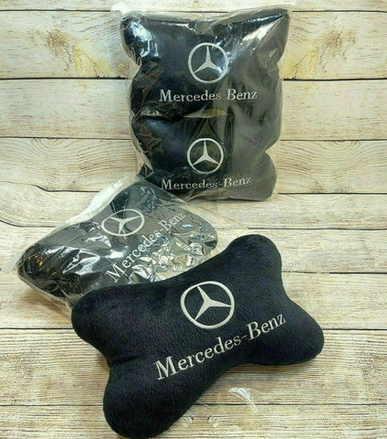 Mercedes Benz Car Pillow Headrest Set of 2 & Black Leather/Silver Keyring