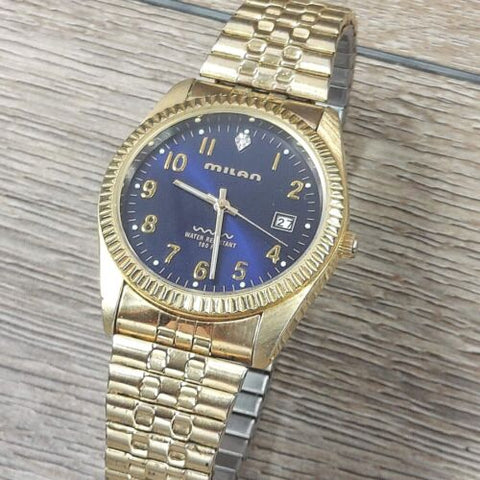 Men's Milan Watch Gold Tone Blue Dial Simulate Diamonds Jewelry Bracelet Wrist