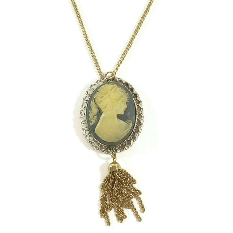 Women's Necklace Victorian Lady Cameo Pendant Silver Gold Tone & Green Vintage