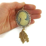 Women's Necklace Victorian Lady Cameo Pendant Silver Gold Tone & Green Vintage